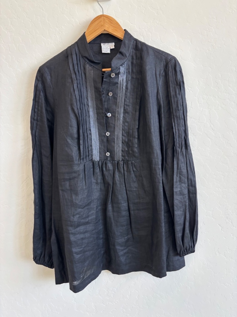 Worth New York 100% Linen Pintuck Bib Front Tunic Blouse - Black , Sz Medium - Picture 5 of 10